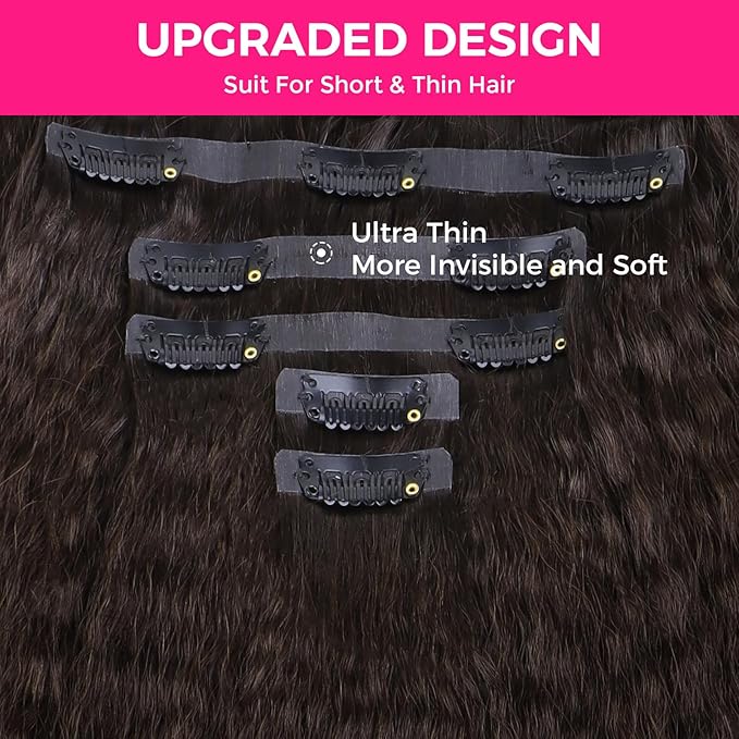 Lashey Seamless Clip in Hair Extensions Human Hair #2 Dark Brown Kinky Straight 7 Pcs 110g 14 Inch Soft Flat PU Weft Real Human Hair Clip in for Women