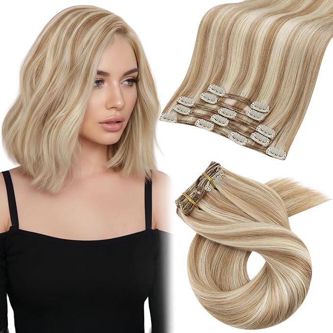 Moresoo Blonde Hair Extensions Clip in Human Hair Remy Short Clip in Human Hair Extensions Medium Brown with Blonde Double Weft 5pcs 80g 10inch