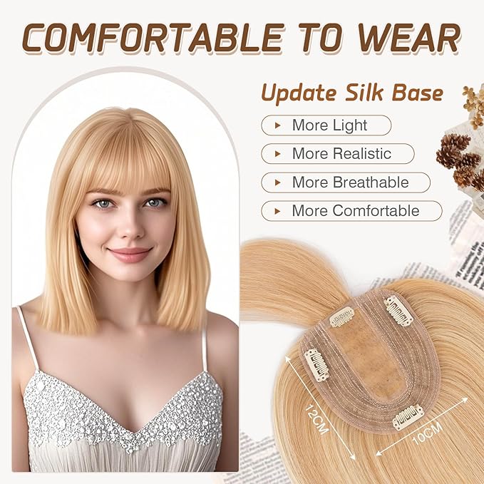 Rich Choices Real Human Hair Toppers for Women With Bang 100% Remy Human Hair Topper for Thinning Hair Clip in Silk Base Hair Topper 14 Inch #18P613 Ash Blonde Mix Bleach Blonde