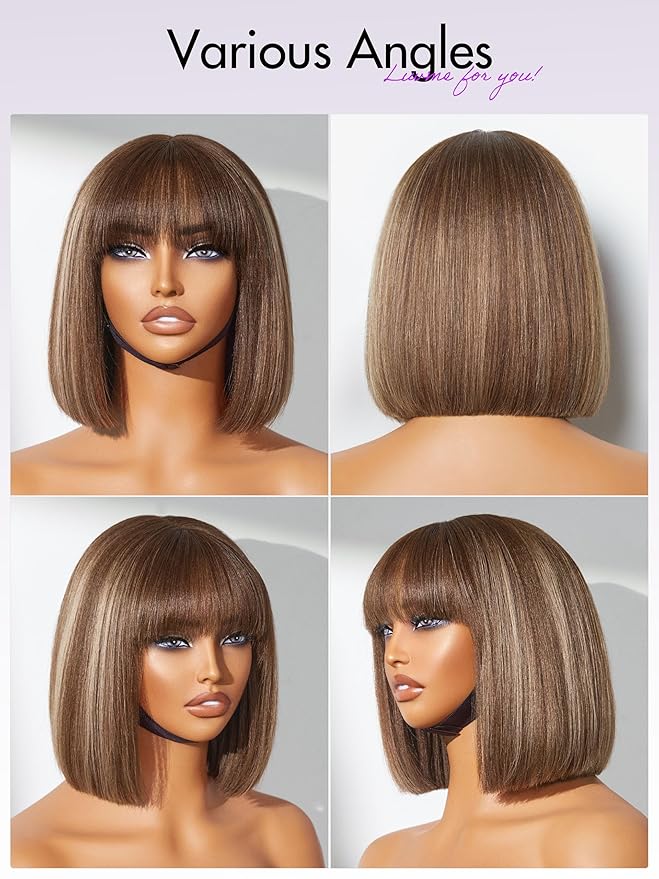 LUVME HAIR 10 Inch Yaki Straight Bob Wig with Bangs Ash Blonde Highlights Blunt Cut Bob Wig Human Hair Glueless HD Lace Bob Wig Ready to Go Short Wigs For Women 180 Density (Breathable Cap)