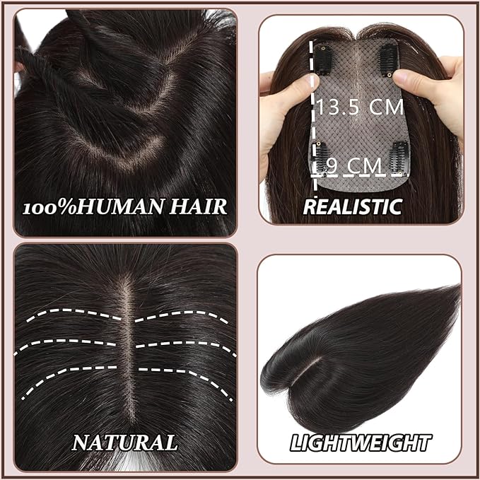 Hair Toppers for Real Human Hair, 360° 3D Human for Women with Thinning Hair Upgrade Middle Part Clip in Bangs Pieces for Women Daily (P4/27, 14 Inch-3D-Side)