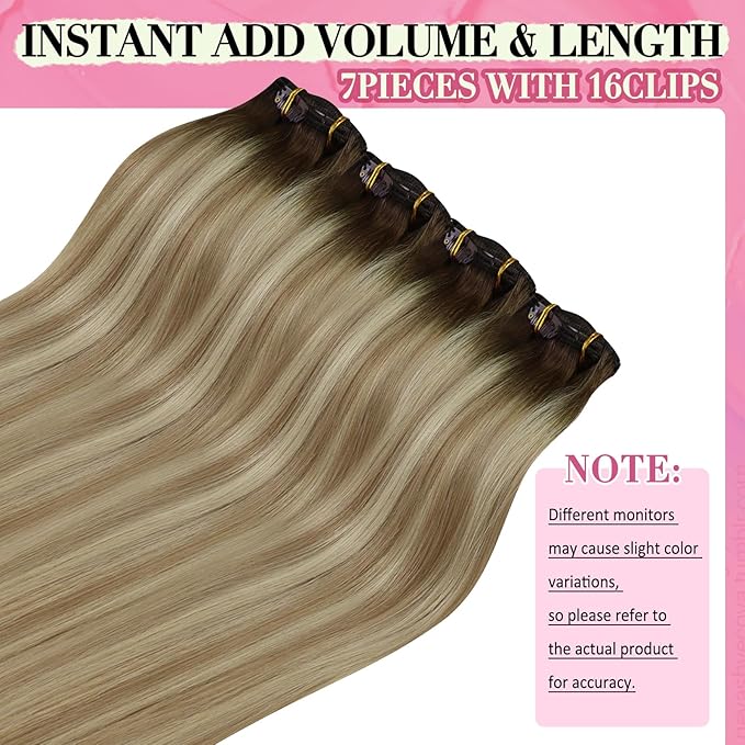 YoungSee Clip in Hair Extensions Human Hair Brown Ombre Clip in Human Hair Extensions Walnut Roots to Light Brown with Blonde Clip in Extensions Ease of Use 18Inch 7Pcs 120G