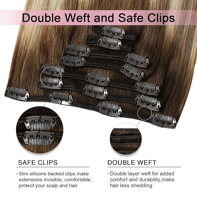 Pro2.0 Clip in Hair Extensions Real Human Hair 20inch 7pcs #3/8/22 Walnut Brown to Ash Brown and Golden Blonde Remy Real Human Hair Extensions Clip ins 120g Thick Double Weft（#3/8/22-20inch）