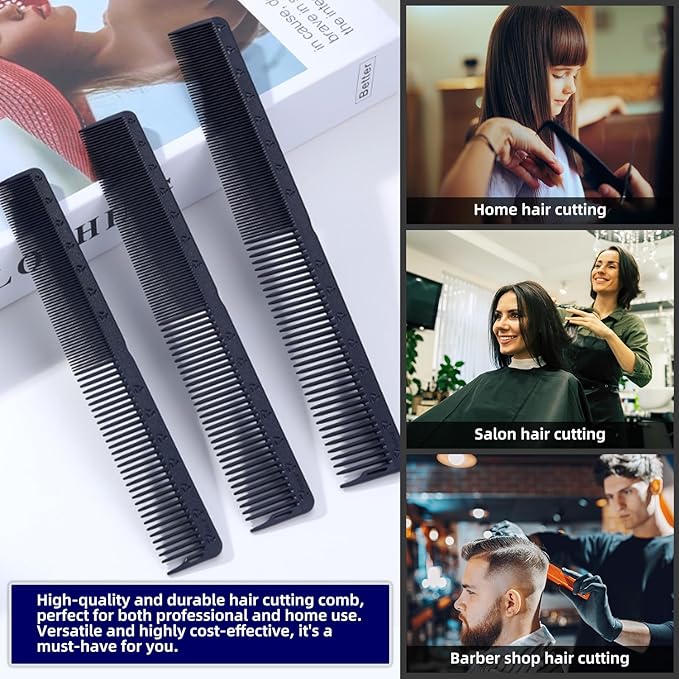 PERFEHAIR 2-Pack Professional Round Tooth Hair Cutting Comb - 8.6 Inch, Black Carbon Fiber Anti-Static & Heat Resistant, Durable Barber Combs with Fine & Wide Tooth for Precise Haircut for Men & Women