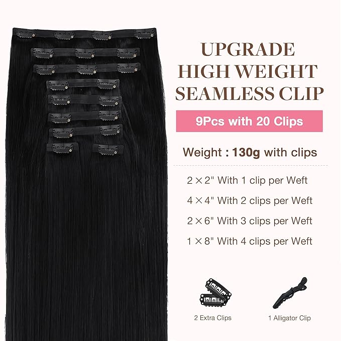 GOO GOO Clip in Hair Extensions Real Human Hair, Remy Human Hair Extensions Clip ins for Women, Natural Human Hair, 24inch 220g 9Pcs, #1 Jet Black