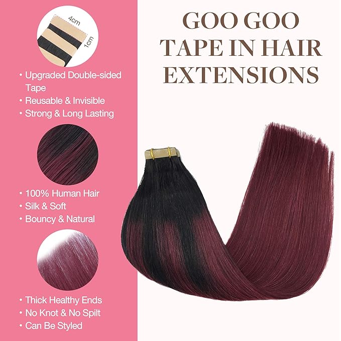 GOO GOO Tape in Hair Extensions Human Hair, 1/99 Balayage Jet Black to Red, 26inch 60g 20pcs, Skin Weft Seamless Invisible, Silky Straight with Thick Ends, Remy Human Hair