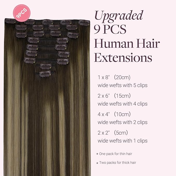 GOO GOO Clip in Hair Extensions Real Human Hair, Remy Human Hair Extensions Clip ins for Women, Natural Human Hair, 20inch 150g 9Pcs, 4/26/4 Balayage Chocolate Brown to Honey Blonde