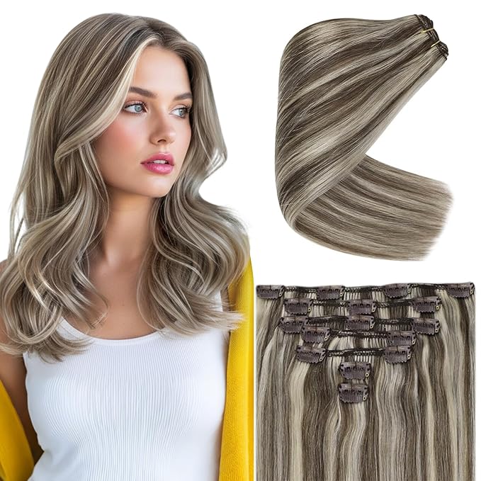 Ve Sunny Clip in Hair Extensions Real Human Hair for Women Full Head Straight Remy Clip in Extensions Light Brown Highlights Platinum Blonde 7pcs 120g 16 inch