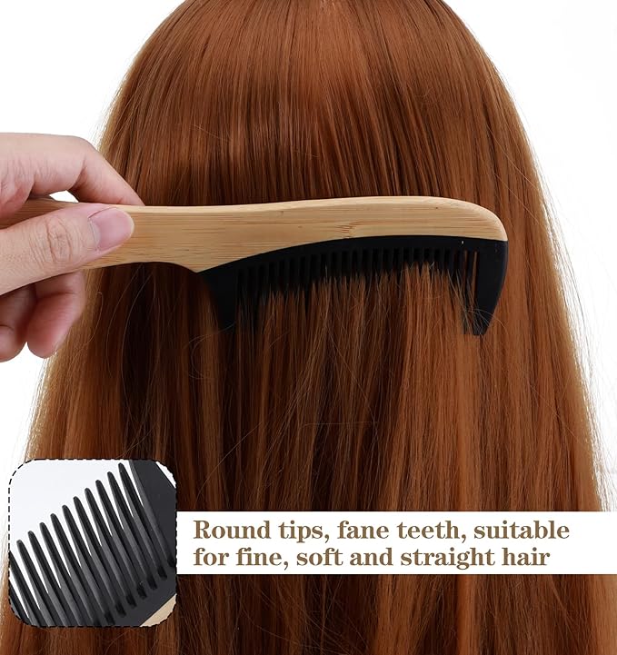 2Pcs Bamboo Wide Tooth Comb, Bamboo Fine & Wide Tooth Comb Anti-Static for Thick & Wavy Hair for Men Women Durable Eco-Friendly Natural Wood Finish, Ideal for Detangler Frizz Control