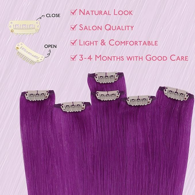 WENNALIFE Purple Clip in Hair Extensions Real Human Hair 35g 6pcs 20 Inch Colored Hair Extensions for Kids Women Colorful Hair Pieces Pop-up Style Straight Extensiones De Cabello Humano Con Clip