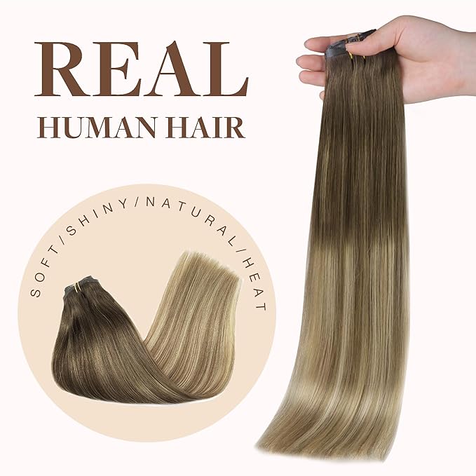 GOO GOO Clip in Hair Extensions Real Human Hair, Remy Human Hair Extensions Clip ins for Women, Natural Human Hair, 20inch 150g 7Pcs, 3/8/613 Balayage Walnut Brown to Ash Brown and Bleach Blonde