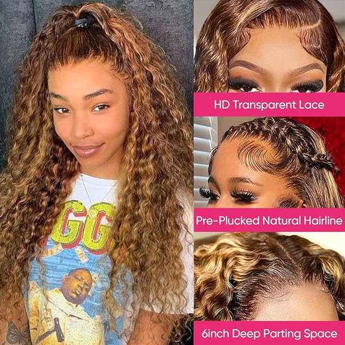 32 Inch Deep Wave Highlight Wig Human Hair 200% Density Honey Blonde 13x6 HD Transparent Lace Front Wigs Human Hair 4/27 Colored Ombre Curly Lace Frontal Wigs For Women