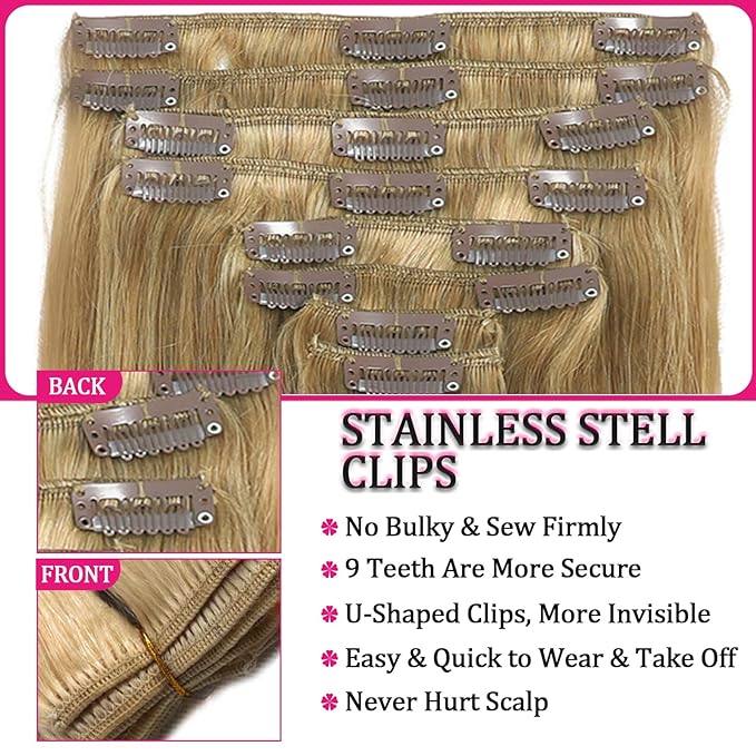 Clip in Hair Extensions Real Human Hair, Blonde 22inch 8pcs 120g Remy Kinky Clip in Hair Extensions, Clip Ins Human Hair for Women Straight Natural Human Hair Easy Application