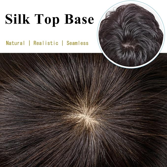 Short Human Hair Topper for Women with Hairloss,Invisible Clip in Straight Topper Hairpiece with Large Mesh 6.3x7 Ins and Silk Top Base Natural Fluffy Wiglet Hairpiece Natural Black