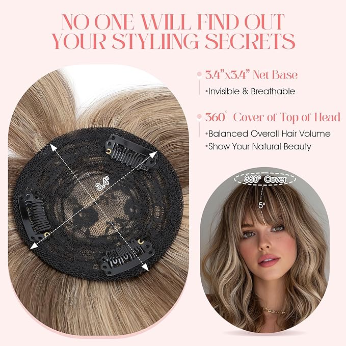 Hairro Mono Hair Toppers with Bangs, 3.4" x 3.4" Mono Base 100% Real Human Hairpieces for Women, 150% Density Clips In Topper for Greyish Thinning Hair, 16 Inch Medium Brown Mix Dark Blonde