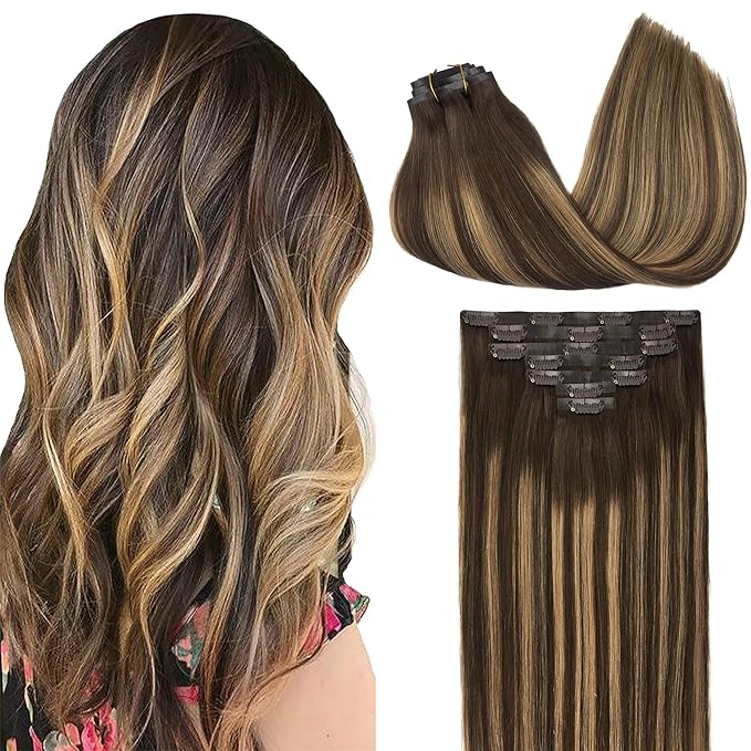 GOO GOO Clip in Hair Extensions Real Human Hair, Remy Human Hair Extensions Clip ins for Women, Natural Human Hair, 22inch 150g 7Pcs, 4/27/4 Balayage Chocolate Brown to Caramel Blonde