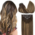 GOO GOO Clip in Hair Extensions Real Human Hair, Remy Human Hair Extensions Clip ins for Women, Natural Human Hair, 18inch 130g 7Pcs, 4/27/4 Balayage Chocolate Brown to Caramel Blonde