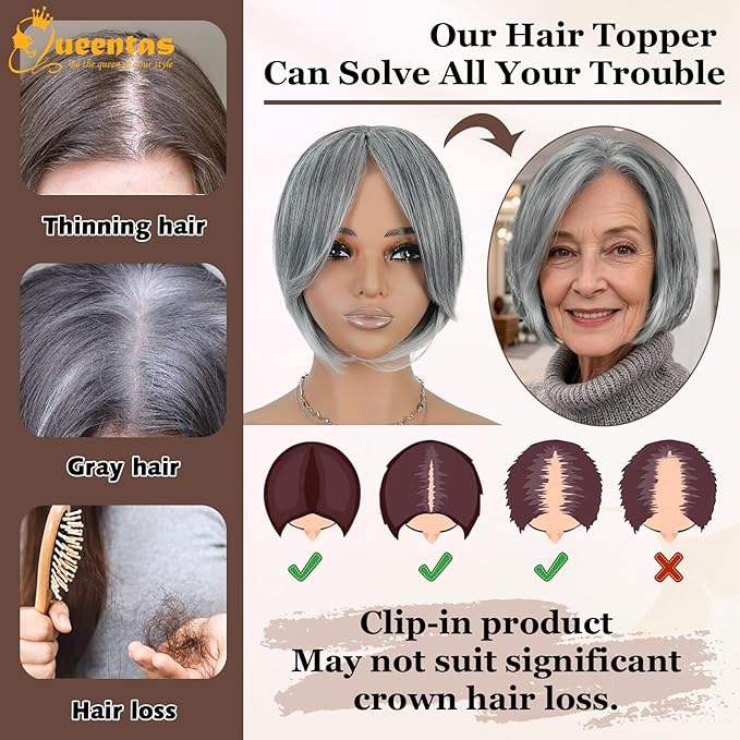 QUEENTAS Silver Hair Topper for Women with Thinning Hair Pieces 6"*6"Large Coverage 360°3D Cover Silver Synthetic Short Bob with 5 Clips in Wiglets(Gray with Black)