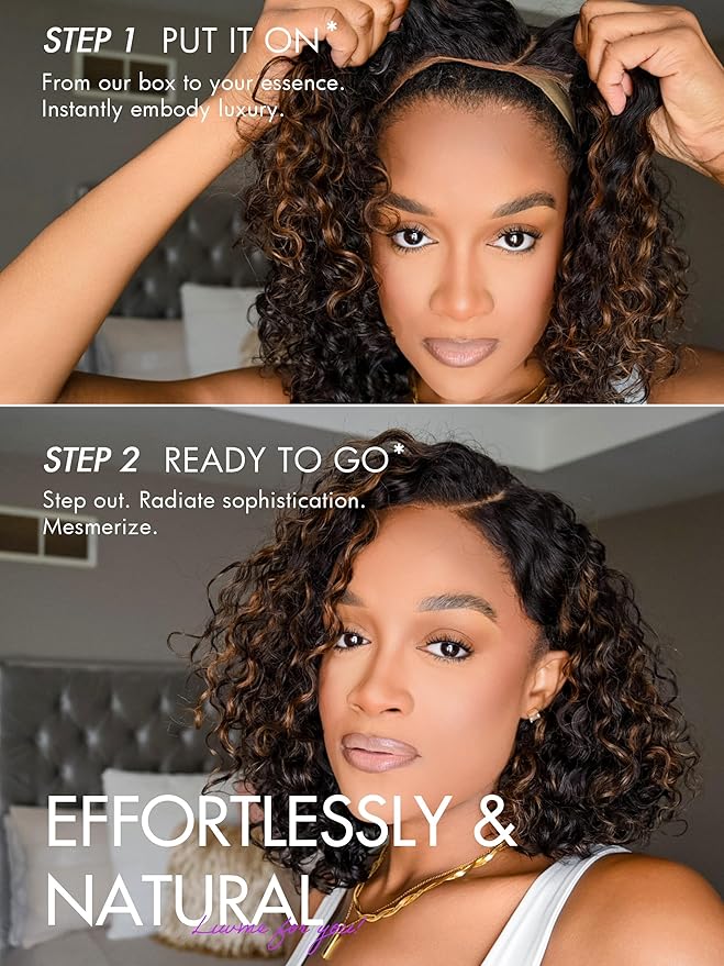 LUVME HAIR 10" Curly Glueless Wigs Human Hair Pre Plucked Pre Cut, Undetectable HD Lace Curly Bob Wig Human Hair Short Black Wig with Blonde Highlights Ready to Go Wig 180 Density