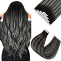 Sunny Hair Tape in Hair Extensions Human Hair 22 Inch Hair Extensions Real Human Hair Tape in Extensions for Women Natural Black Roots to Silver Grey Balayage Virgin Hair Natural Straight 10Pcs 25g