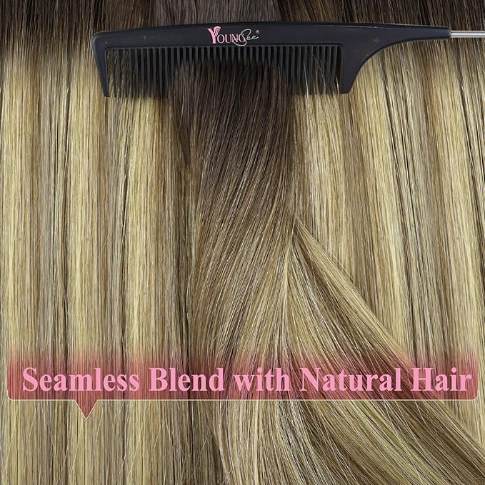 YoungSee Tape in Hair Extensions Human Hair Balayage Dark Brown Tape in Hair Extensions Dark Brown Ombre Medium Brown with Blonde Hair Extension Tape-in -Remy Hair Extension 14In 20pcs 50g