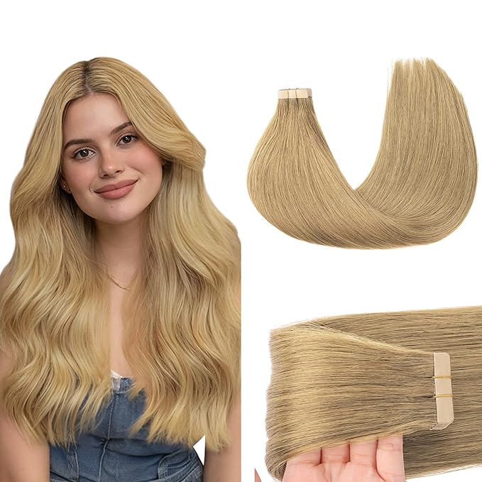 GOO GOO Tape in Hair Extensions Human Hair, 7 Bronde, 18inch 50g 20pcs, Skin Weft Seamless Invisible, Silky Straight with Thick Ends, Remy Human Hair