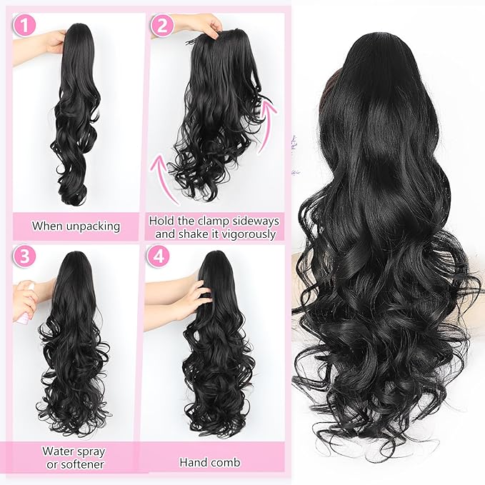 ALXNAN Ponytail Extension,24 Inch Claw Clip in Long Curly Wavy Omber Black to Pink Ponytail Hair Extension Jaw Clip on Pony Tails Hairpiece for Women