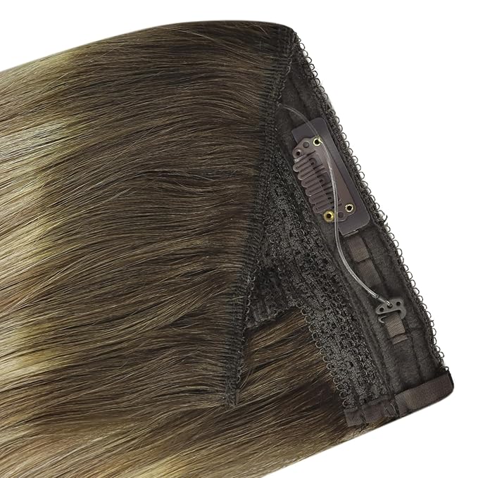 YoungSee Wire Hair Extensions for Women Balayage Invisible Wire Hair Extensions Real Human Hair Walnut Brown Ombre Light Brown with Blonde Short Straight Headband Hair Extension Remy Hair 12inch 70g