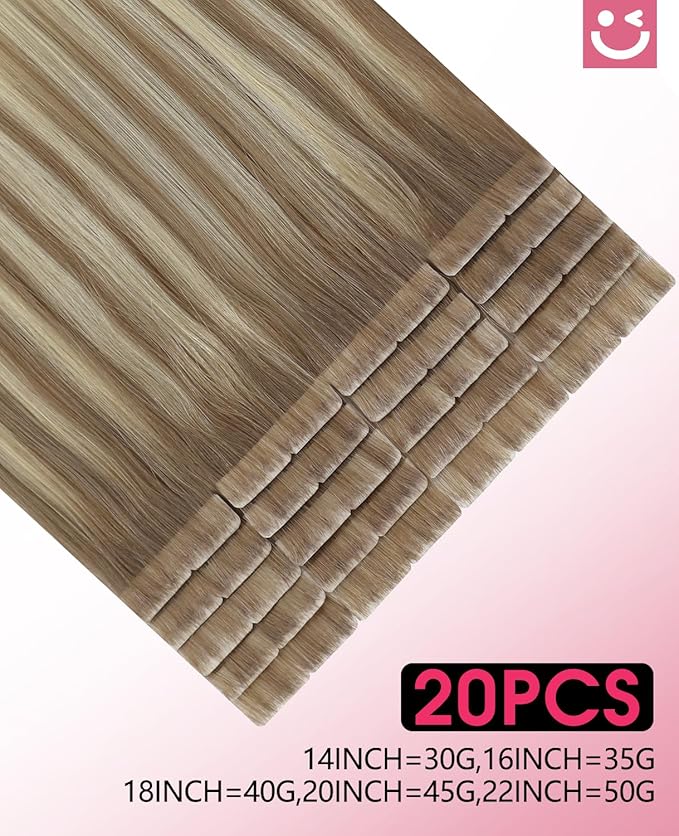 Youngsmile Injection Tape in Hair Extensions Human Hair #8T60 Ash Brown to Platinum Blonde 20pcs 50g 22 Inch Balayage Injected Seamless Tape in Hair Extensions Straight Remy Human Hair (#8T60,22'')