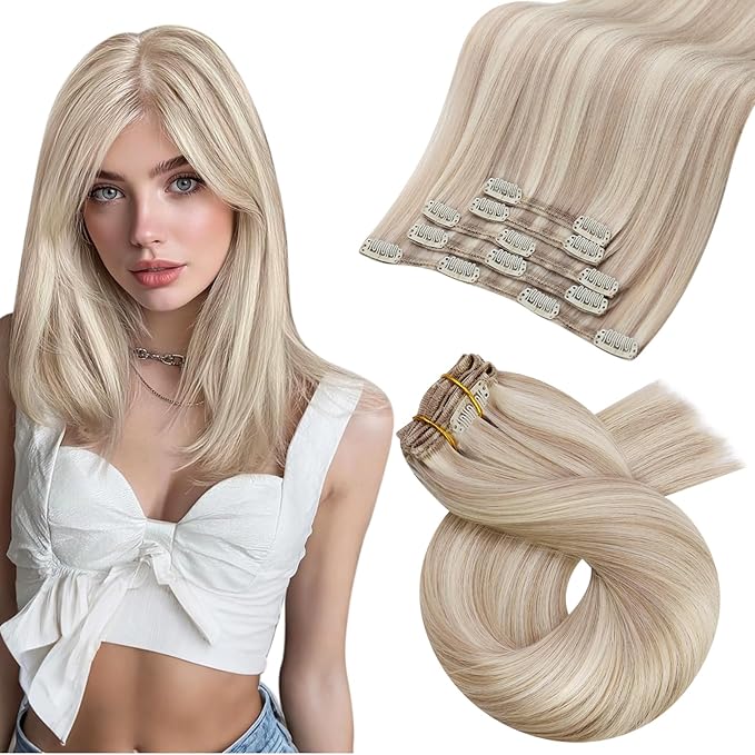 Moresoo Ash Blonde Clip in Hair Extensions Highlighted Straight Short Hair Clip in Extensions Real Human Hair for Women Short 80g/5pcs 12 inch