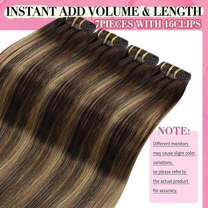 YoungSee Balayage Clip in Hair Extensions Human Hair 12inch Clip on Hair Extensions Dark Brown with Caramel Blonde Balayage Human Hair Clip in Extension for Short Hair Brown Hair Extension 7pcs 80g