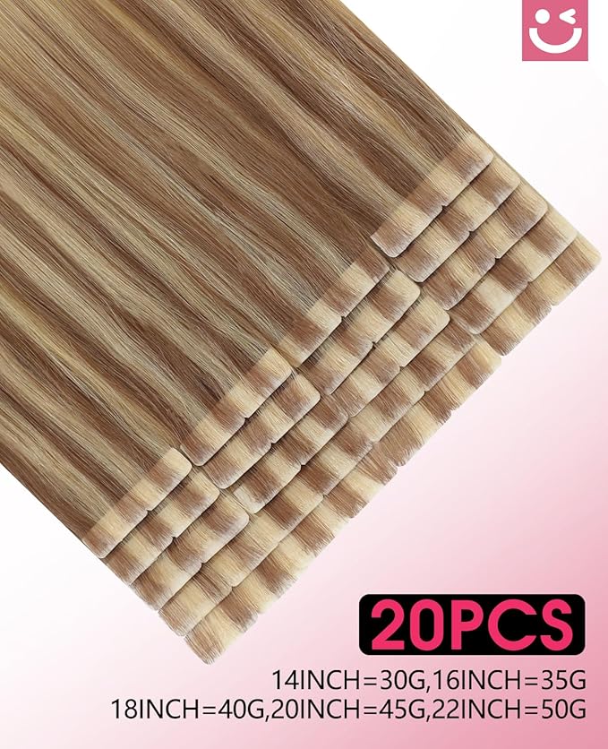 Youngsmile Invisible Tape in Hair Extensions Human Hair Balayage #10/27/27 Golden Brown to Caramel Blonde 20pcs 35g 16 Inch Injection Tape in Hair Extensions Human Hair (#10/27/27,16'')