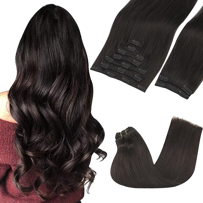 GOO GOO Clip in Hair Extensions Real Human Hair, Remy Human Hair Extensions Clip ins for Women, Natural Human Hair, 16inch 150g 9Pcs, 2 Dark Brown