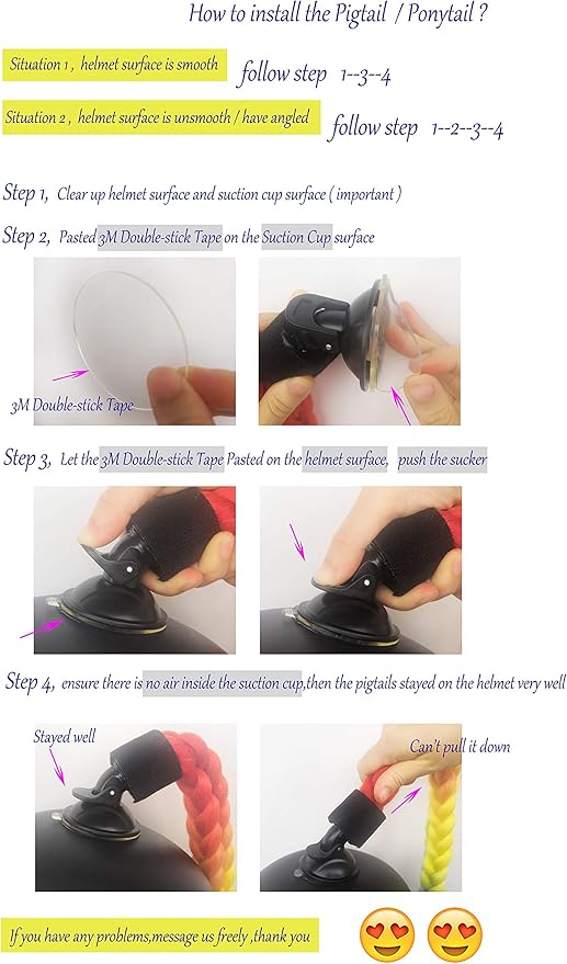 Helmet Pigtails Gradient Ramp Helmet Curly Ponytail Helmet Hair with Suction Cup for Motor Bike 2PCS 14inch Ombre Black to Pink (Helmet not Included)