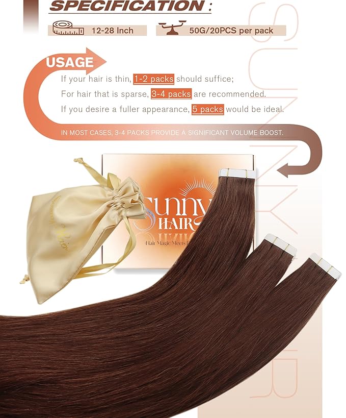 Sunny Hair Tape in Hair Extensions Real Human Hair Invisible Remy Hair Extensions Tape ins for Women Auburn Brown 24 inch 20Pcs 50G