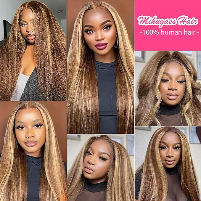 Kinky Straight Clip in Hair Extensions Real Human Highlight Clip ins For Women Unprocessed Clip on Hair Extensions(26inch,#4/27/4)