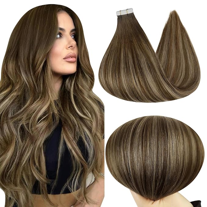 Full Shine Tape in Hair Extensions 4/24/4 Medium Brown to Blonde and Medium Brown 18INCH 100G 40PCS Natural Human Hair Extension Tape ins Seamless for Women Real Hair Party Straight