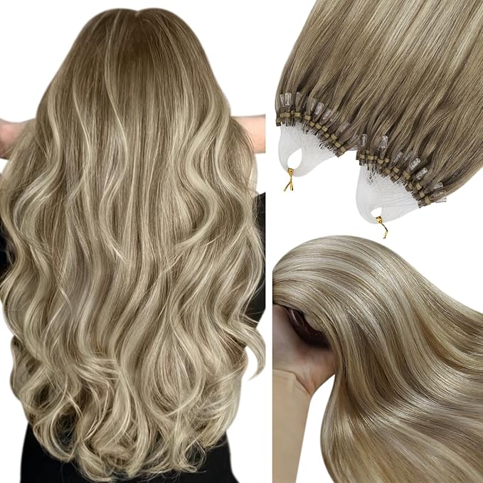 YoungSee Microlink Hair Extensions Human Hair Ombre Nicro Bead Hair Extensions Real Human Hair Brown with Blonde Balayage Micro Ring Human Hair Extensios 14In 50s 50g Pre Bonded Hair for Short Hair