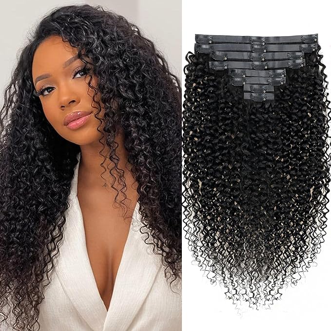 18 Inches Seamless Kinky Curly Clip in Hair Extensions Real Human Hair #1B Natural Color Brazilian Virgin 3c 4a Curly Clip ins Human Hair Extensions