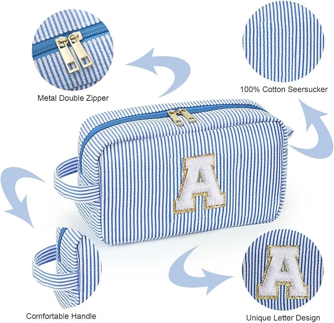 YOOLIFE Initial Cosmetic Bag for Women - Monogram Cute Blue Makeup Bags Toiletry Pouch Make Up Case for Women Her Best Friend Friendship Sister Teacher, Personalized Birthday Gifts for Women P