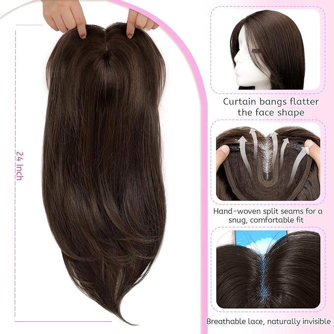 Isaic Hair Toppers for Women with Thinning Hair, 24 Inch Synthetic Clip in Topper Hair Extensions with Adjustable Band, Layered Wiglet Adds Volume and Natural Coverage (Dark Brown)