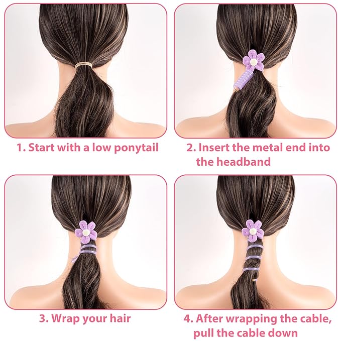 4PCS Spiral Hair Ties with Cloth Flower, 4 Colors Floral Phone Cord Ponytail Holders for Women, Elegant Rubber Hair Coils, Stylish Hair Accessories for Party, Daily Use