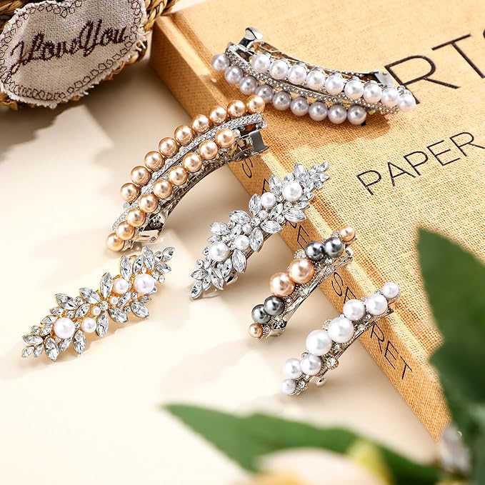 Geyoga 6 Pieces Vintage Hair Barrettes for Women Retro Flower French Pearl Crystal Rhinestones Clips Hair Pins for Women Styling Accessories(Stylish Style)