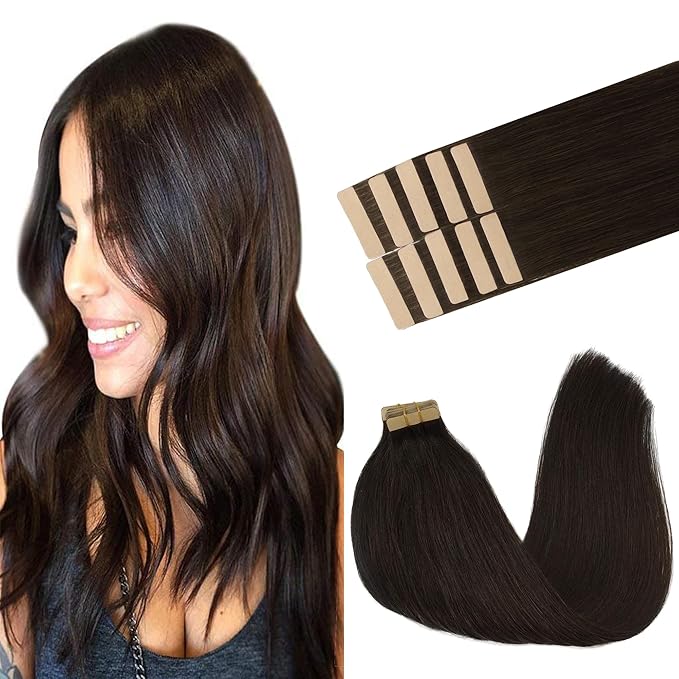 GOO GOO Tape in Hair Extensions Human Hair, 2 Dark Brown, 20inch 30g 10pcs, Skin Weft Seamless Invisible, Silky Straight with Thick Ends, Remy Human Hair