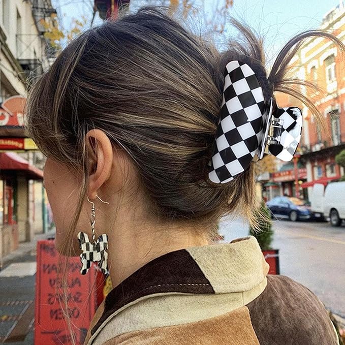 Womens Checkered Hair Clip Large Checkered Claw Clips Black And White Jaw Clip,2pack