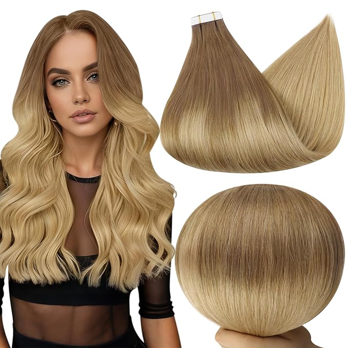 Full Shine Tape in Hair Extensions 16 Inch Tape in Extensions Color 10 Fading to 14 Balayage 20 Pcs 50G Remy Tape ins Human Hair Extensions for Women Soft Remy Seamless Skin Weft Hair Extension
