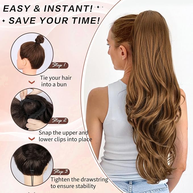 Ponytail Extension, Drawstring Ponytail Extension for Women 26 Inch Long Wavy Brown Pony Tails Hair Extensions Synthetic Clip in Ponytail Hairpiece for Women 8/27