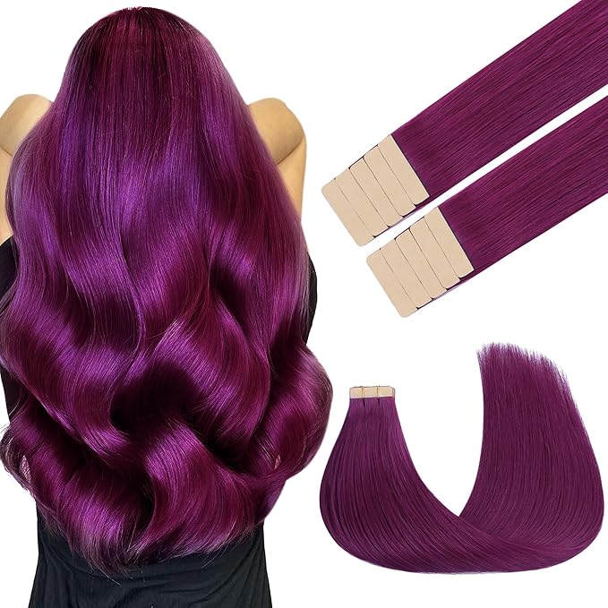 GOO GOO Tape in Hair Extensions Human Hair, Violet, 22inch 30g 10pcs, Colored Tape ins Human Hair Extensions, Silky&Soft Invisible Tape Ins, Hair Highlighted for Party