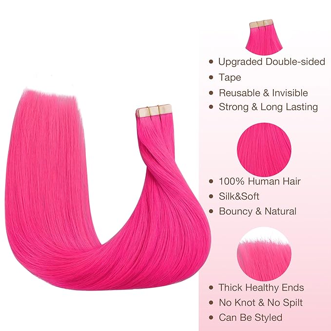 GOO GOO Tape in Hair Extensions Human Hair, Pink, 20inch 30g 10pcs, Colored Tape ins Human Hair Extensions, Silky&Soft Invisible Tape Ins, Hair Highlighted for Party