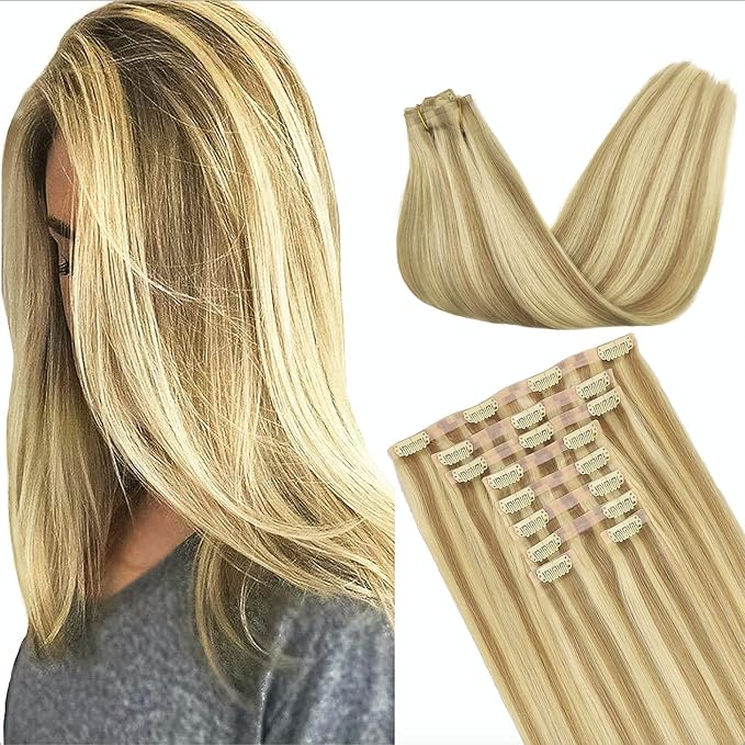 GOO GOO Clip in Hair Extensions Real Human Hair, Remy Human Hair Extensions Clip ins for Women, Natural Human Hair, 18inch 170g 9Pcs, #16/22 Light Blonde Highlighted Golden Blonde